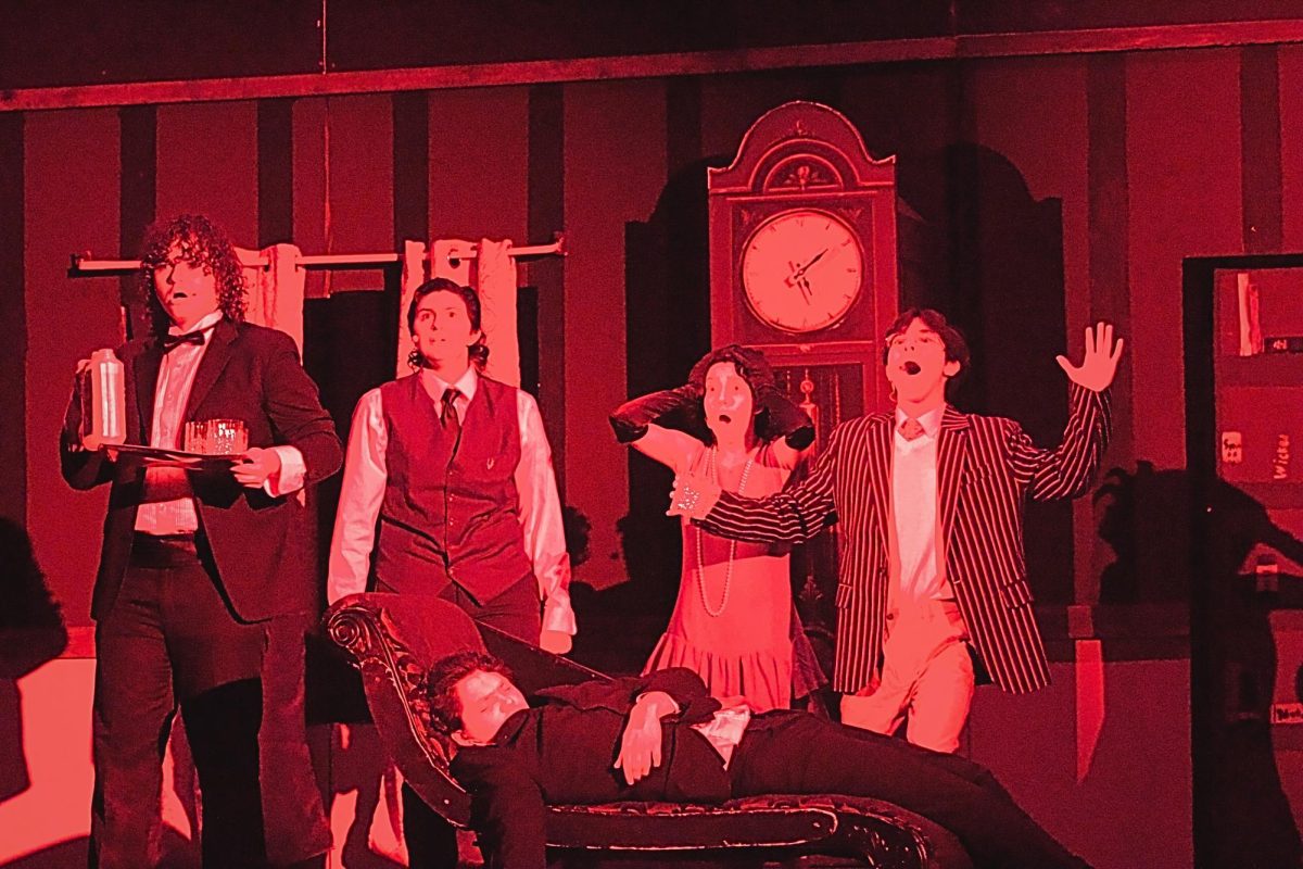 (L-R) Nathan Pepler, Ace VonRichthofen, Jocelyn Piechowski, Giovanni Quinones, and Reed Freiler  in The Play That Goes Wrong