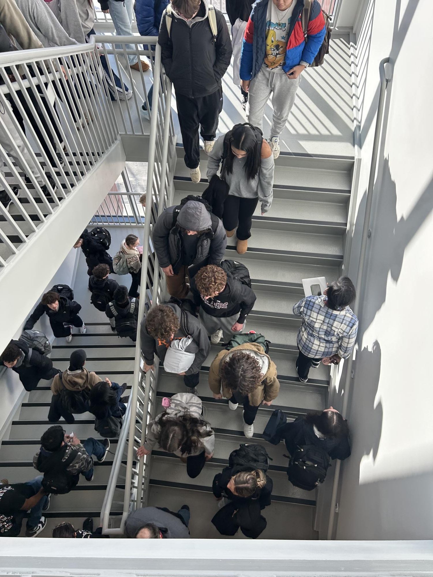 A view of the staircase during passing period in the new THS Building.