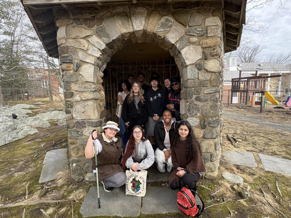 Students at the hexagonal Stone Pavilion.