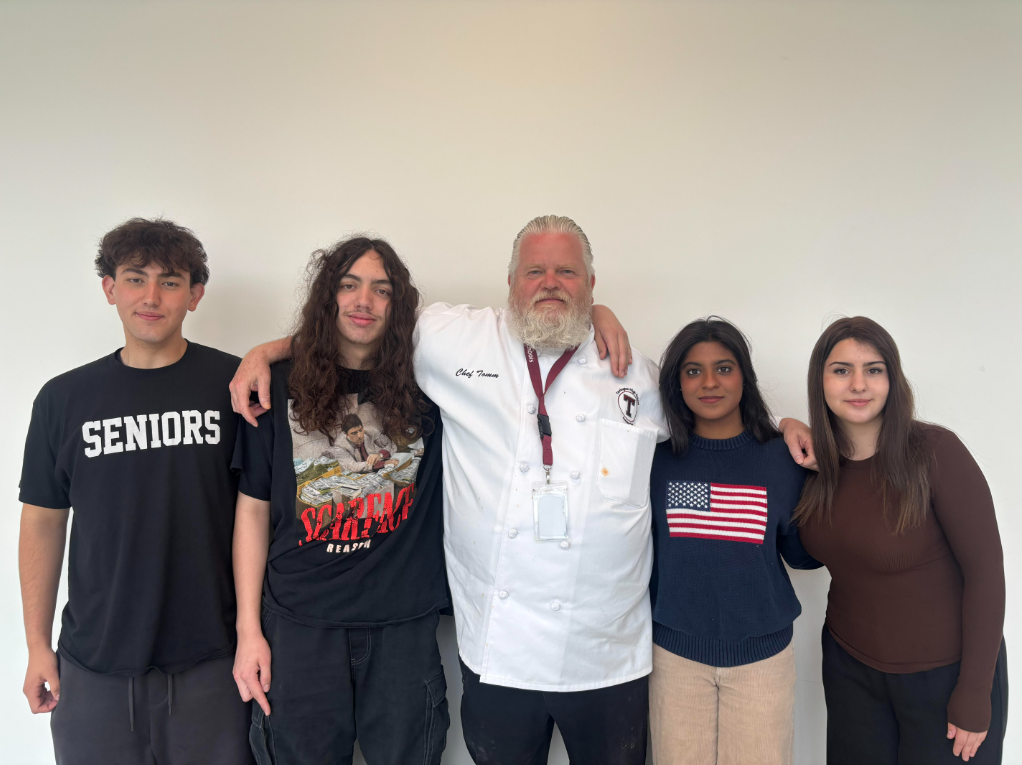 Student team who made it on to the Marzano menu. From left: Blerim Abazovski, John Alvarez, Chef Thomas Johnson, Samiya Samad, and Sanija Abazovski. 